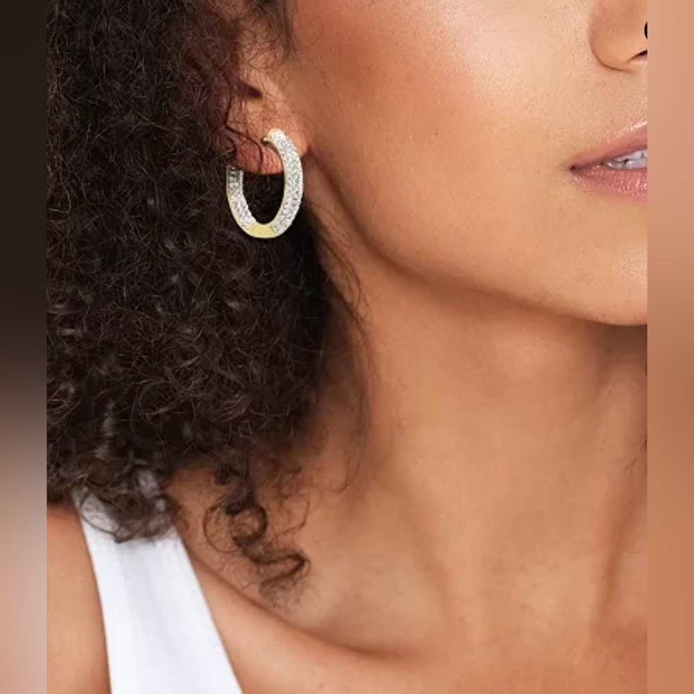 And Now This High Polished Hinged Crystal Pave Hoop Earring, Gold Plate - Picture 10 of 10